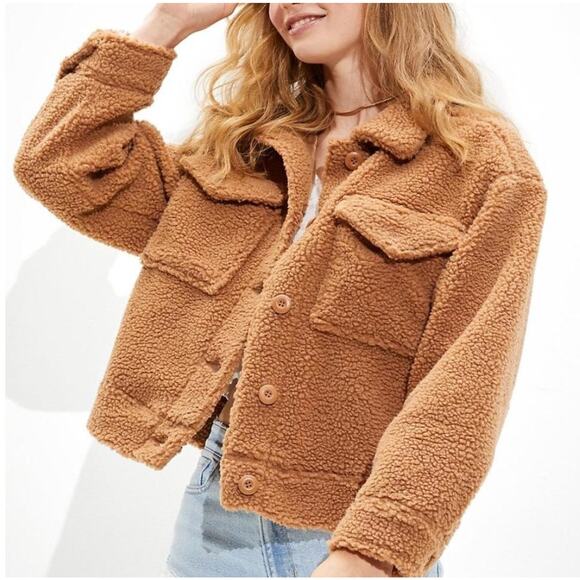 NWOT American Eagle Cropped Teddy Sherpa Jacket Brown Size XS - Picture 1 of 8